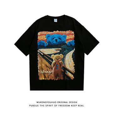 悟空有貨潮牌卡通油畫印花短袖T恤男ins街頭寬松情侶百搭休閑體恤