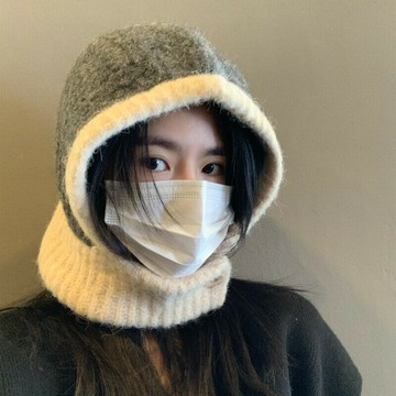 日系秋冬新款巴拉克拉法帽保暖帽子圍脖一體女情侶款護耳針織帽潮