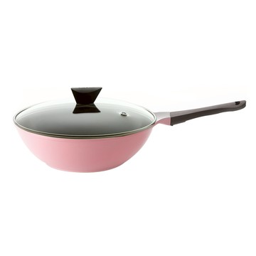 NEOFLAM 台灣原廠公司貨 EELA系列 陶瓷塗層鑄造炒鍋 附玻璃鍋蓋 粉紅色  30cm  1個