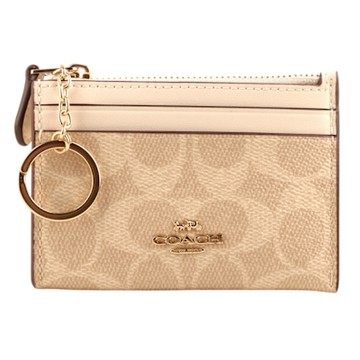 COACH 金馬車撞色皮革方型附鎖圈卡夾/零錢包(淺卡其x米白)