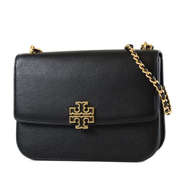 TORY BURCH BRITTEN 荔枝紋翻蓋編織鍊帶肩背/斜背二用包-黑色/中