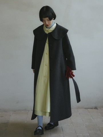 灰色70%羊毛 娃娃領羊毛雙面大衣 秋冬細密挺闊毛料外套