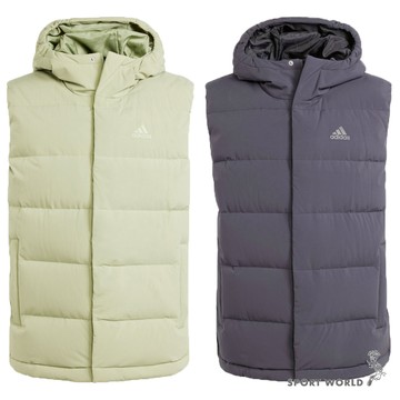 Adidas 羽絨背心外套 男裝 連帽 防潑水 拉鍊口袋 綠/煤炭灰【運動世界】IX8856/IX8113