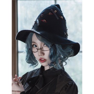 蒸汽大陸 克蘇魯風黑色萬圣節女巫帽巫師帽魔女帽彎檐針織毛線帽