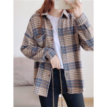 加厚格子襯衫女2025年春秋裝冬季毛呢外套韓版寬松加絨港味上衣