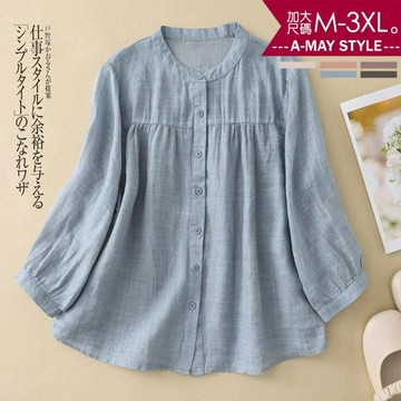 加大碼上衣 日系輕薄寬鬆舒適棉麻感七分袖襯衫(M-3XL)