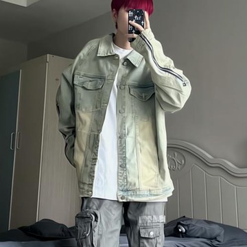 美式高街Vibe黃泥做舊水洗翻領牛仔夾克男FOG復古潮牌拉鏈外套男