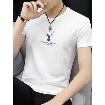 莫代爾短袖t恤男夏季上衣服鹿頭印花潮流冰絲冰感半袖白色打底衫