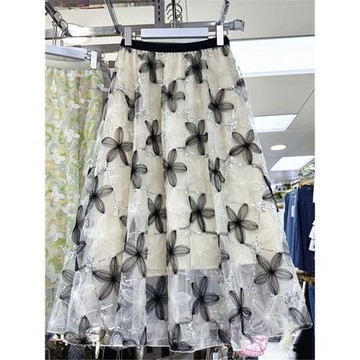 超仙大花朵網紗半身裙女春夏新款高腰橡筋刺繡花亮片a字大擺長裙