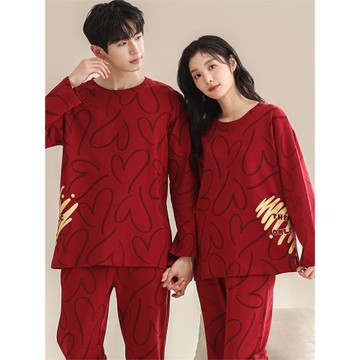 情侶睡衣女春秋季純棉長袖寬松大碼喜慶大紅色結婚夫妻家居服套裝