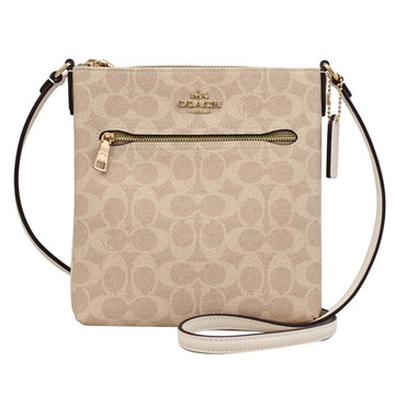 COACH 經典印花拼接拉鍊斜背扁包(卡其/白邊)