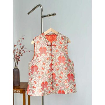 新中式織錦緞馬甲春秋高檔國風唐裝上衣女年輕款無袖紅色外穿宋錦