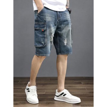 潮牌五分牛仔短褲男士2025夏季薄款破洞工裝水洗外穿休閑七分中褲