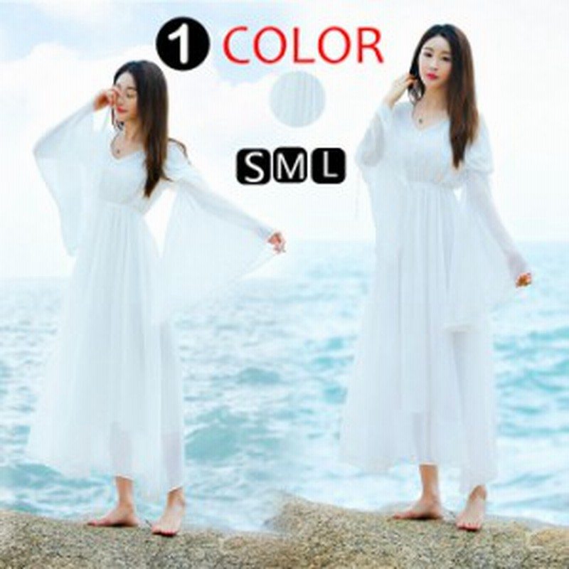 ビーチワンピース マキシワンピ シフォン 長袖 レディース Vネック 白 リゾート ステキ きれい パーティー 遊びにもオススメ 通販 Lineポイント最大1 0 Get Lineショッピング