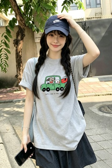 韓系小眾學院風百搭通勤灰色女生上衣 印花寬鬆情侶短袖T 上衣女 美式t  韓版T 大學T可愛減齡小狗印花減齡上衣