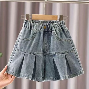 Healthy baby 女童牛仔裙褲夏季新款中大童半身百褶褲裙夏裝兒童女孩短褲子女童短褲 女童褲裙 褲子