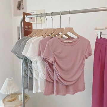 番茄小【夏日浪漫】壓褶微透T恤2022夏季設計感顯瘦短袖上衣女