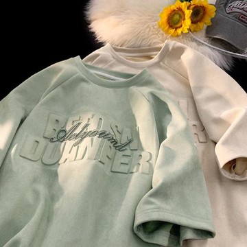 美式復古重磅280g短袖t恤男夏季潮牌潮流oversize麂皮絨插肩體恤