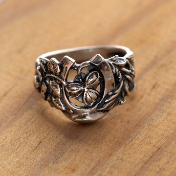 925純銀飾 古典浮雕馬蹄精雕幸運草戒指