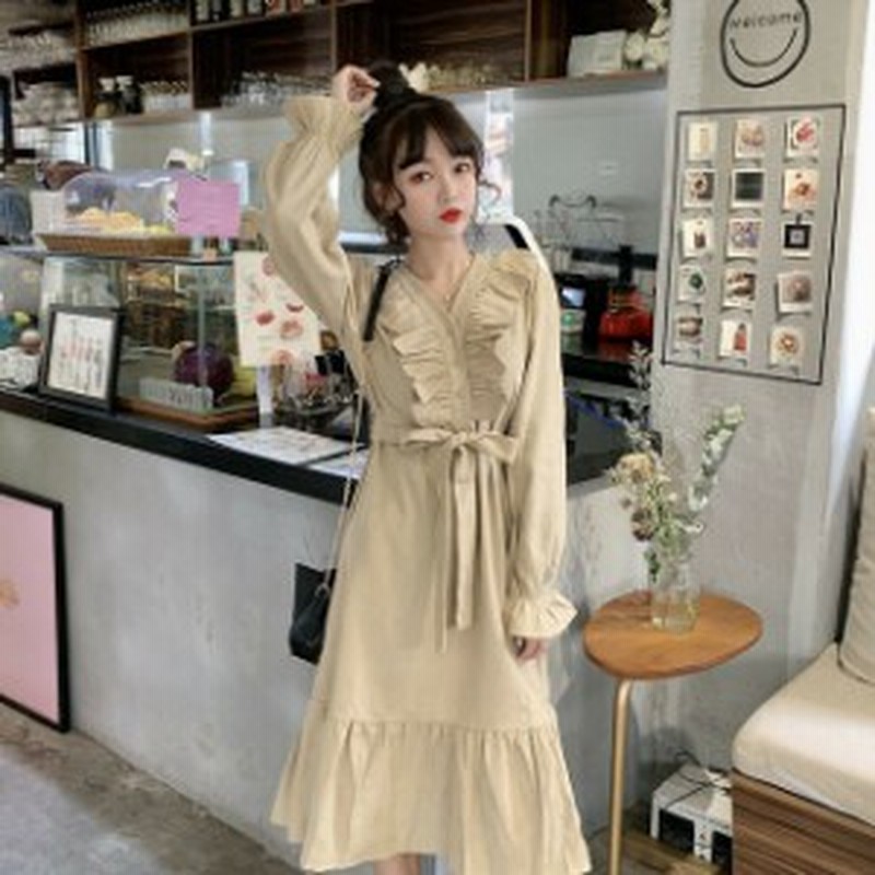 ロング丈 ゆったり 肩フリル ワンピース ガーリー 春夏 長袖 フェミニン ｖネック 無地 レディース シャツワンピース 大人かわいい 通販 Lineポイント最大1 0 Get Lineショッピング