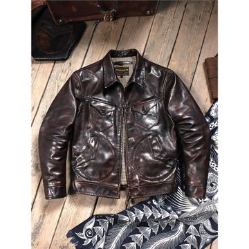 門多薩茶芯植鞣馬皮皮衣重水洗安欣同款農場主復古男士真皮皮夾克