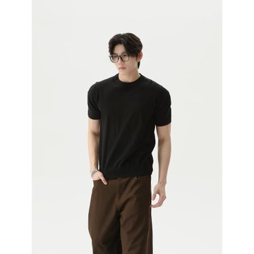 TURNTIDE美式復古小眾純色圓領針織短袖休閑合身百搭打底夏季T恤