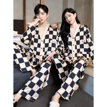 冰絲睡衣情侶套裝一男一女春秋季V領棋盤格子長袖開衫絲綢家居服