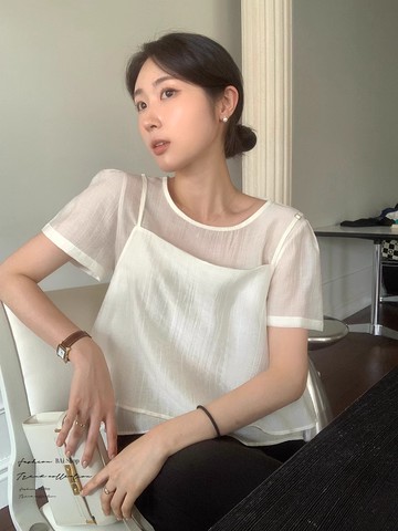 紋理壓褶兩件套／夏季百搭疊穿肌理紋上衣+背心－【350377】