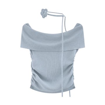 多巴胺藍色女士短袖T恤法式掐腰花朵飄帶短款洋氣卡腰上衣一字肩