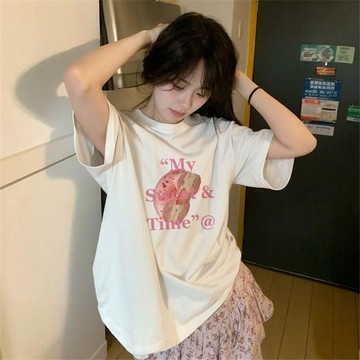 【砂糖夢境】減齡可愛短袖百搭復古印花字母ins寬鬆夏季T恤上衣休閒新款