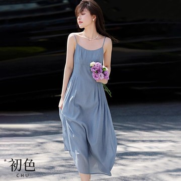 初色  純色無袖細肩吊帶連衣裙壓褶背心連身洋裝-藍色-34893(M-2XL可選)