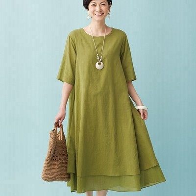 ベルーナ 綿１００ ゆったりデザイン２枚重ねワンピース グリーン M レディース 通販 Lineポイント最大get Lineショッピング