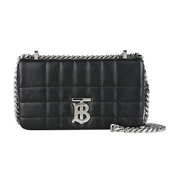 BURBERRY 巴寶莉  LOLA經典TB logo格紋縫線小羊皮鏈帶斜背包(迷你/黑)