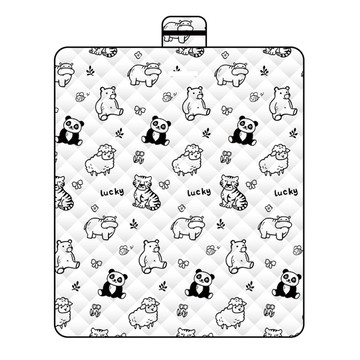 LoHoY 防水壓紋動物野餐墊 春亞紡 刺繡棉 PEVA防水 一體式折疊手提設計  黑白聚  200 x 150cm
