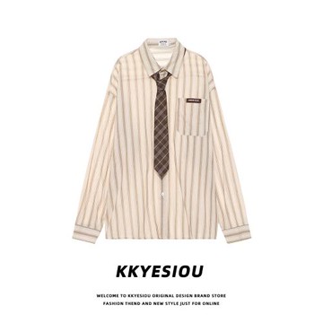 KKyesiou美式復古學院風條紋領帶長袖襯衫男女vintage情侶y2k外套
