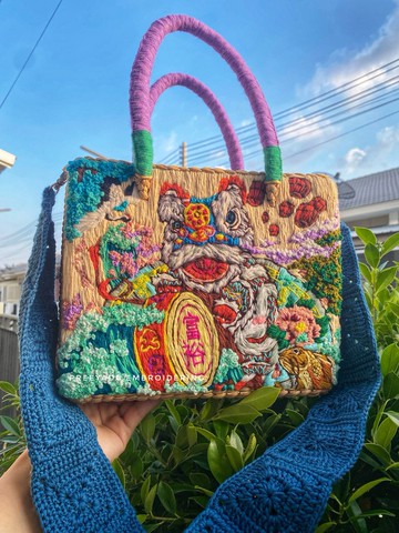 手工刺繡水芙蓉編織包