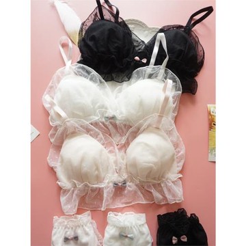 網紗日系小可愛波點蕾絲少女內衣薄小胸無鋼圈性感三角杯文胸套裝