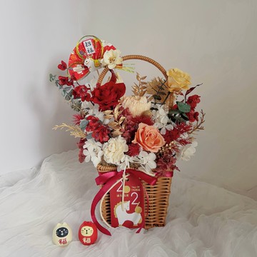 新年開運花籃 永生花紅金喜氣擺飾 招福納財・過年送禮首選