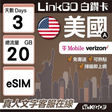 LinkGO白鑽卡 美國A eSIM卡 3天上網卡 總流量20GB  高速流量(美國網卡 舊金山 洛杉磯 紐約 西雅圖)