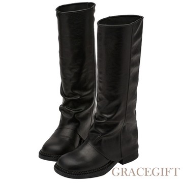 【Grace Gift】韓系顯瘦方頭褶皺褲管長靴 黑