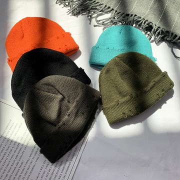 破洞針織毛線帽子女秋冬季雅痞瓜皮帽地主帽百搭潮男冬天冷帽