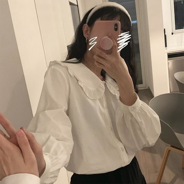 💕甜心大尺碼💕大尺碼復古娃娃領襯衫女秋冬新款設計感小眾洋氣减齡長袖內搭白色襯衣女