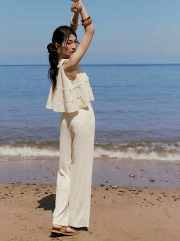 氣質壓紋削肩背心長褲套裝