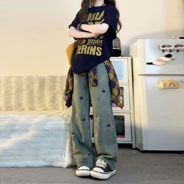 衣時尚 牛仔長褲 寬褲 寬褲 拖地褲 中大尺寸 S-4XL新款美式復古小狗刺繡闊腿牛仔褲女寬鬆直筒拖地褲-7746.