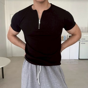 正韓肌肉款羅紋圓領半拉鍊短袖T恤 2色 YUPPIE 預購商品 0616