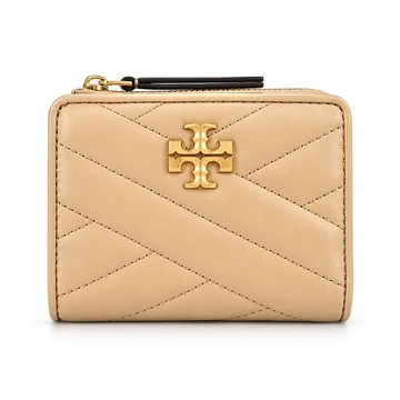 TORY BURCH KIRA 金字LOGO羊皮斜紋拉鍊零錢短夾-奶茶