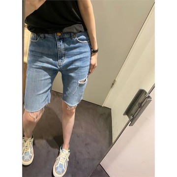 破洞牛仔短褲女夏季薄款大碼彈力緊身顯瘦中褲高腰直筒騎行五分褲