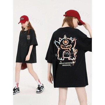【🚀當天出！】韓系怪獸印花短袖 夏季流行上衣 加大碼寬鬆衣服 下半身失蹤 純棉透氣棉t T恤 女tee t恤 短板上衣