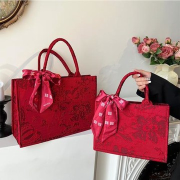 高顏值大容量手提通勤紅色大包包女潮氣質中國風結婚婚包托特包包