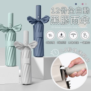 【Lebon life】12骨自動開收抗風黑膠雨傘(晴雨兩用 大傘面 202700)